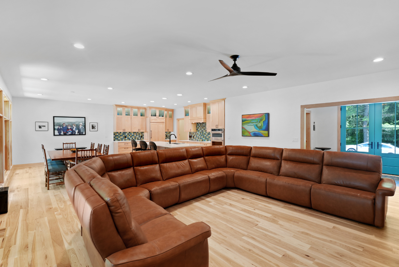a custom build home in southeast wisconsin, living room with big couch.