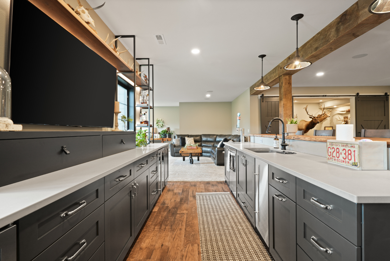 A spacious and stylish kitchen in a luxury residential construction in Southeast Wisconsin, highlighting custom cabinetry and high-end finishes.