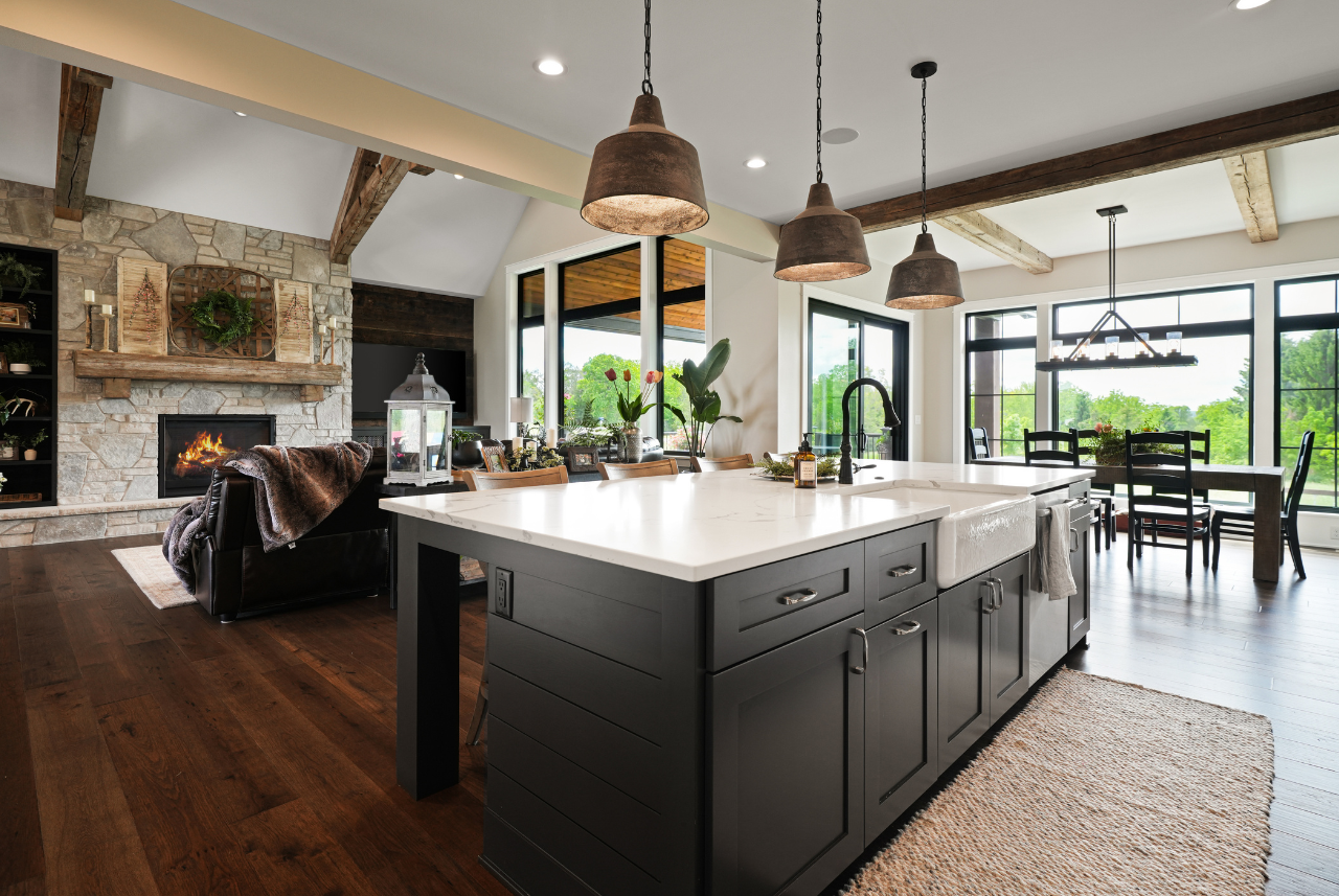 The interior of a luxury residential construction in Southeast Wisconsin, featuring a modern kitchen with elegant design and top-notch amenities.