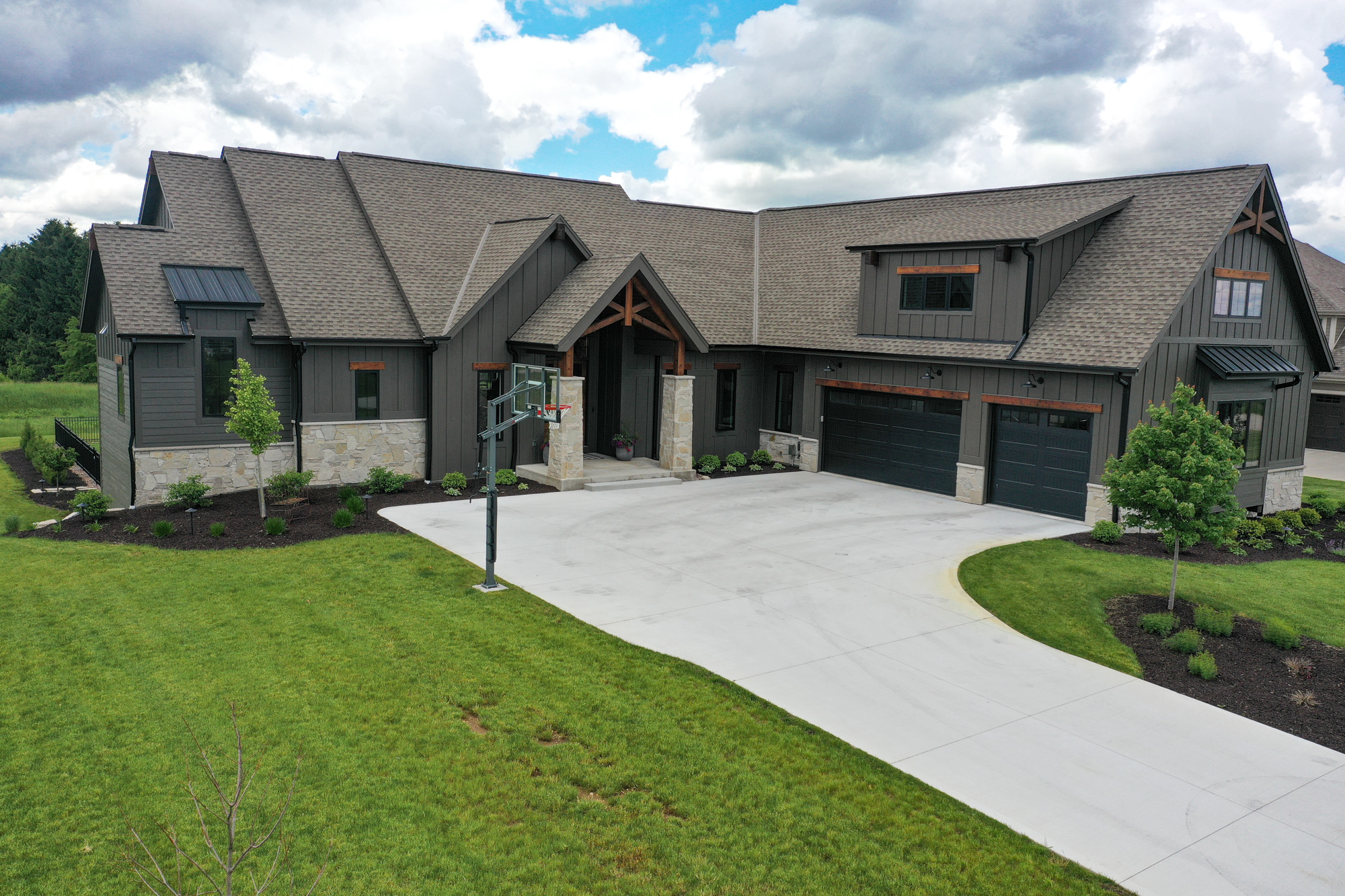 the outside of a modern black and dark grey custom home build.